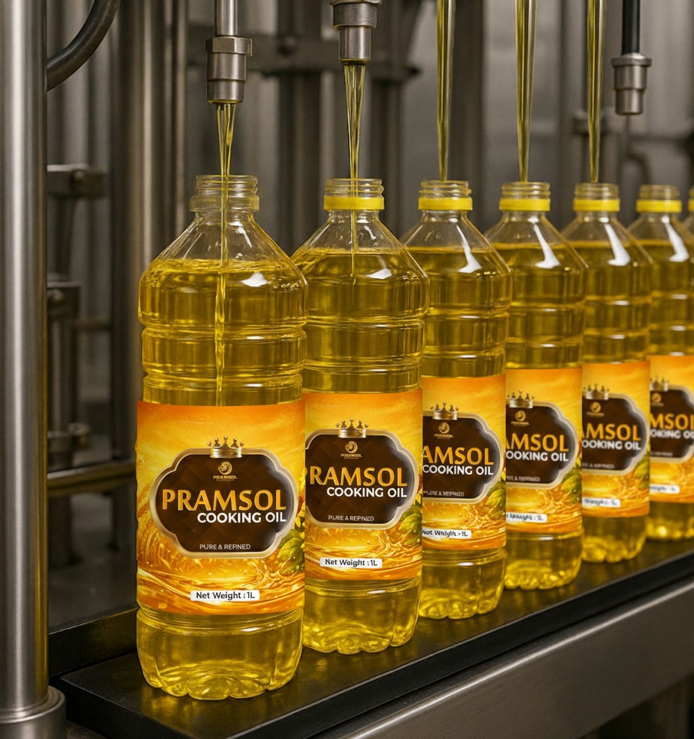 Pramsol cooking oil bottles on a filling line