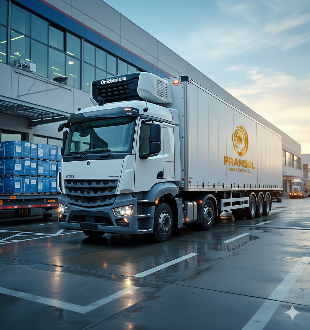 Pramsol branded transport truck outside a logistics warehouse